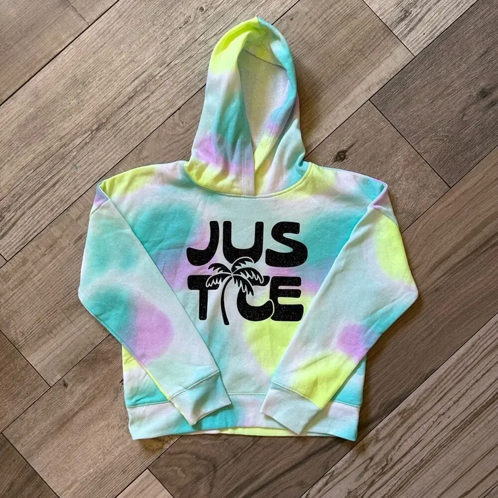 Justice tie dye blue pink yellow palm tree hoodie pullover jacket girls size M